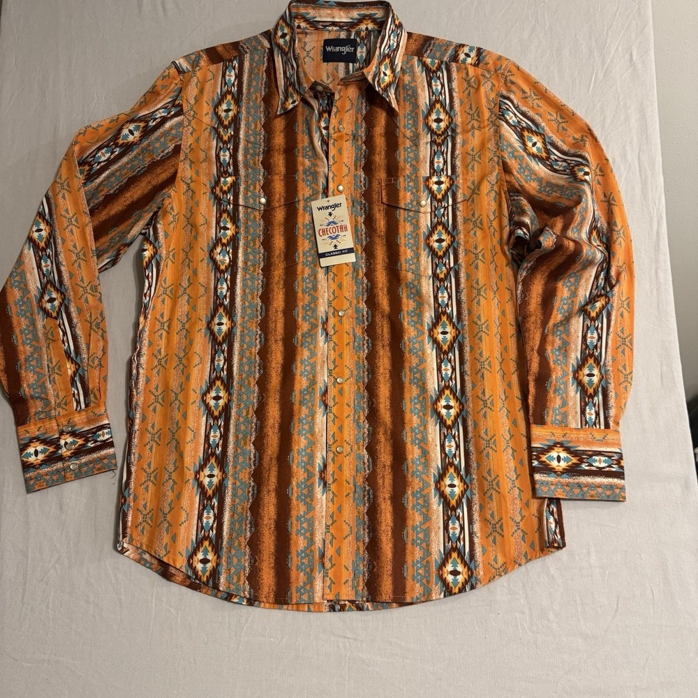 Wrangler Checotah Shirt Men Large Western Pearl Snap Long Sleeve Geometric Aztec
